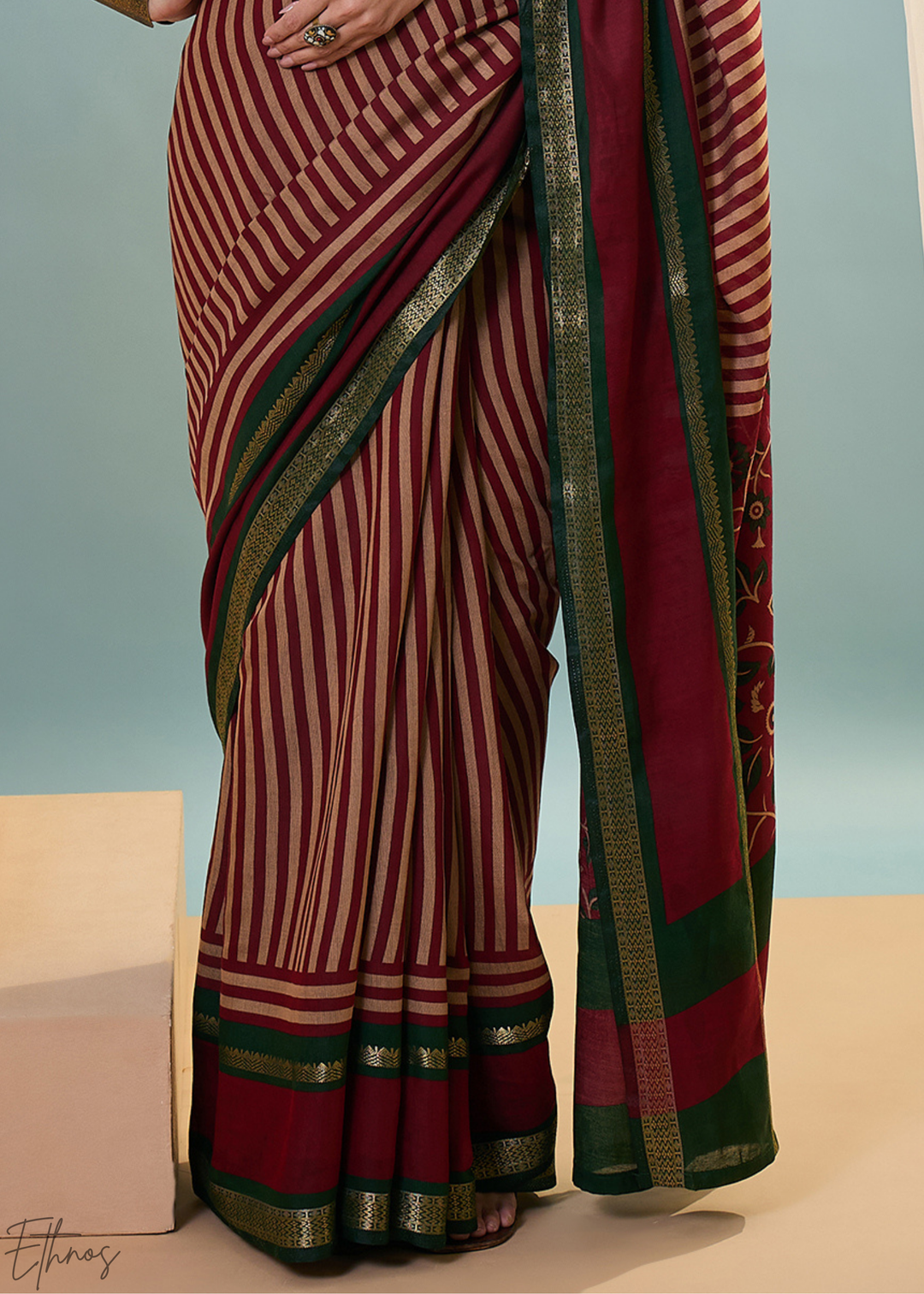 Jasper Red Striped Ajrakh PV Cotton Saree