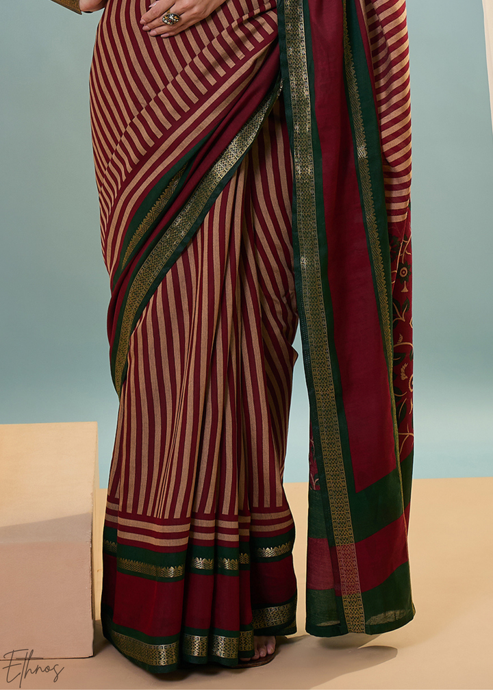 Jasper Red Striped Ajrakh PV Cotton Saree