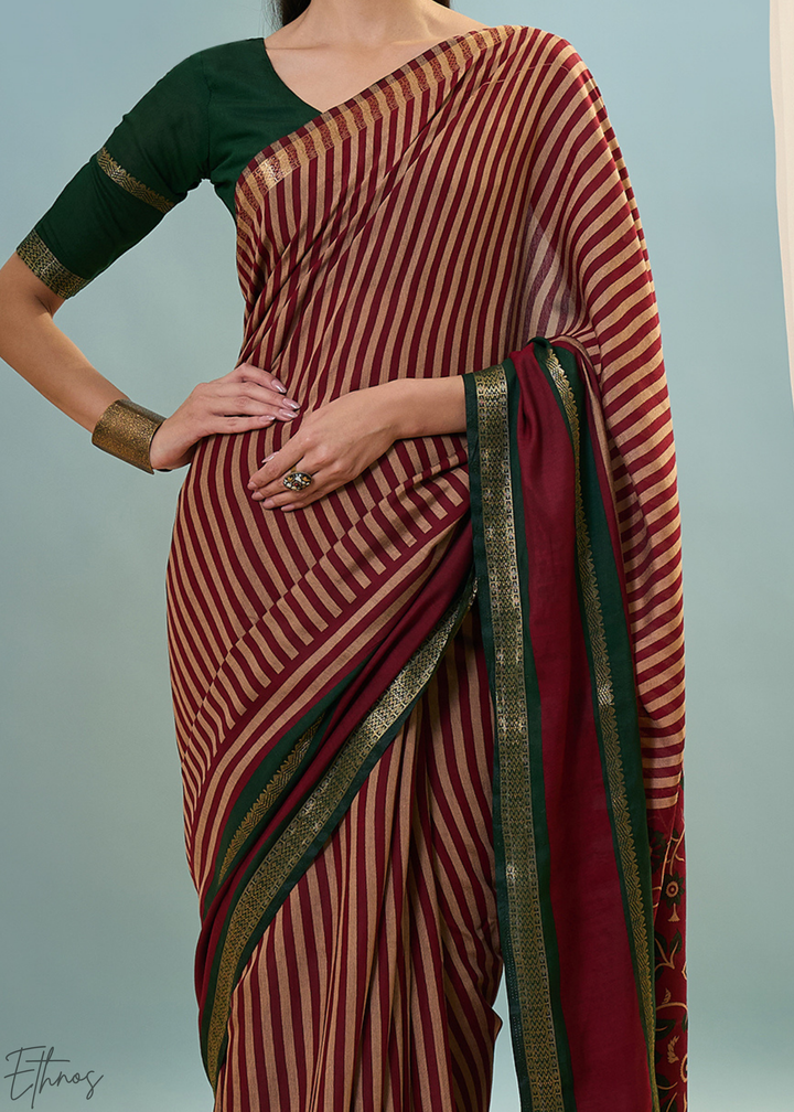 Jasper Red Striped Ajrakh PV Cotton Saree