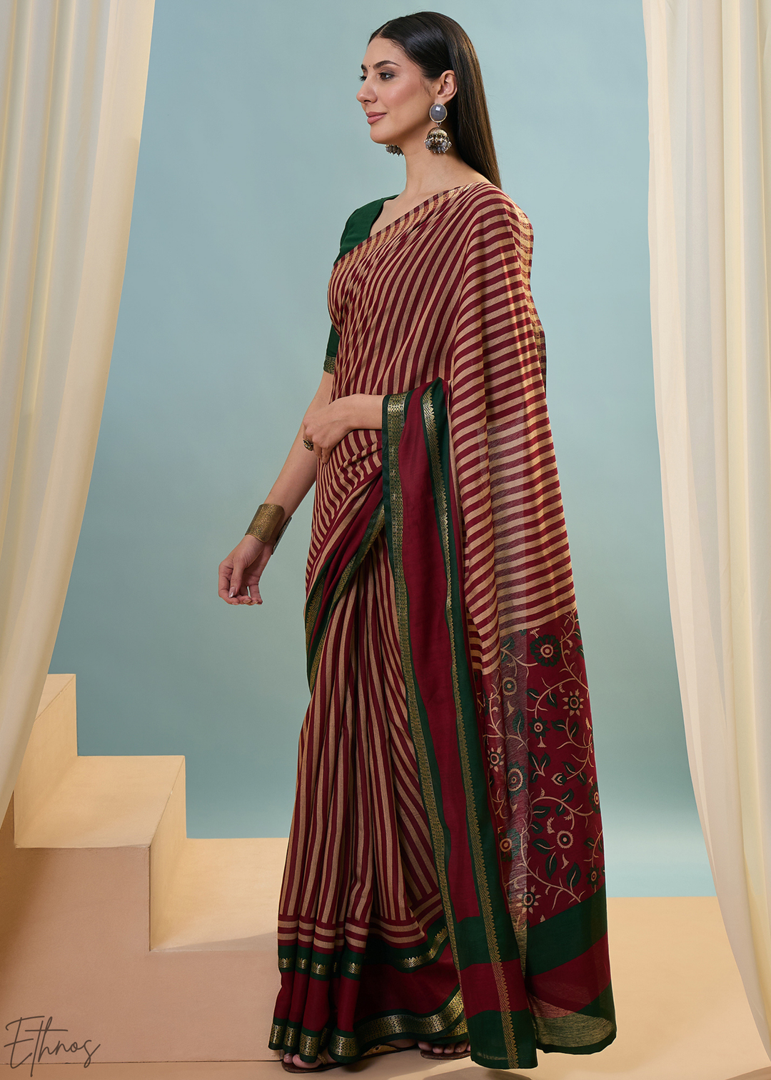 Jasper Red Striped Ajrakh PV Cotton Saree