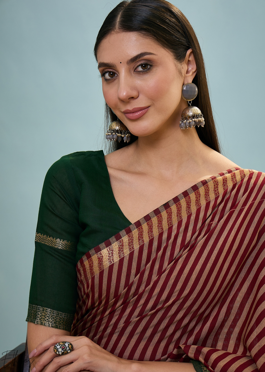 Jasper Red Striped Ajrakh PV Cotton Saree