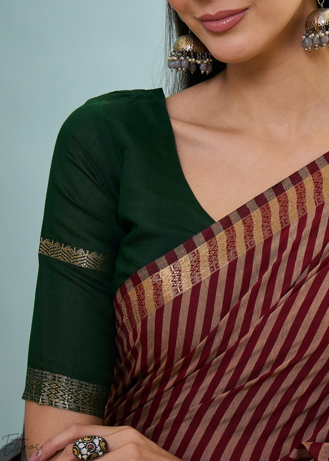 Jasper Red Striped Ajrakh PV Cotton Saree