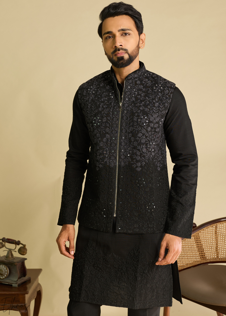 Jet Black Blossom-Vine Silk Tunic Vest Set