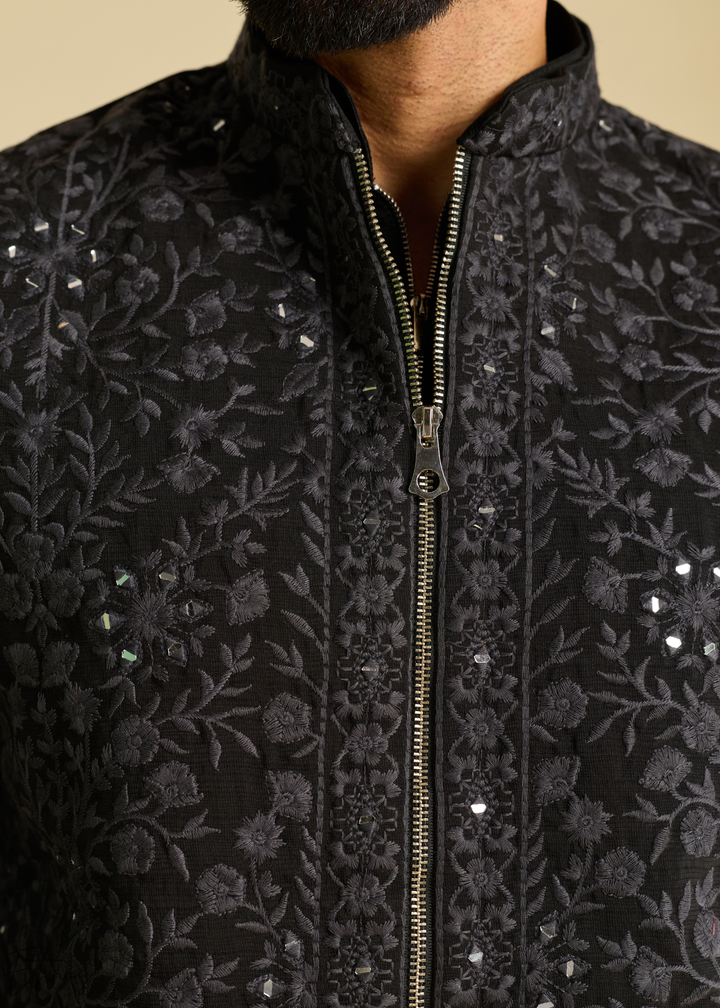 Jet Black Blossom-Vine Silk Tunic Vest Set