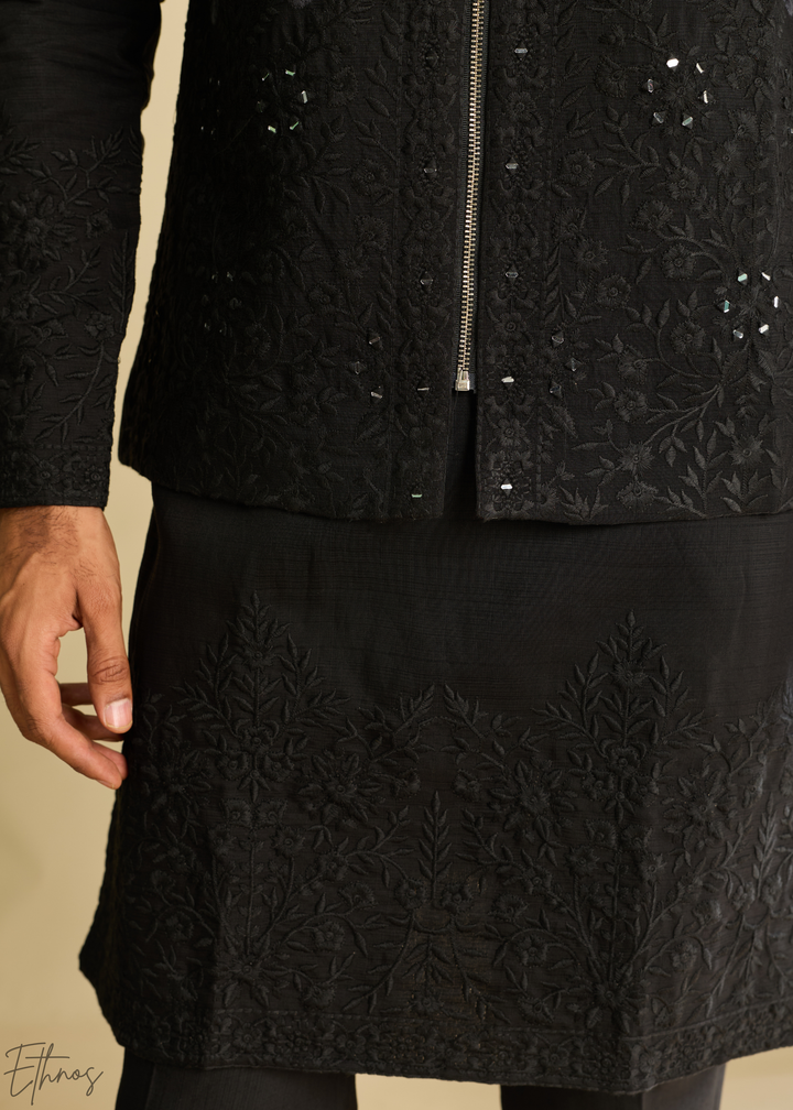 Jet Black Blossom-Vine Silk Tunic Vest Set