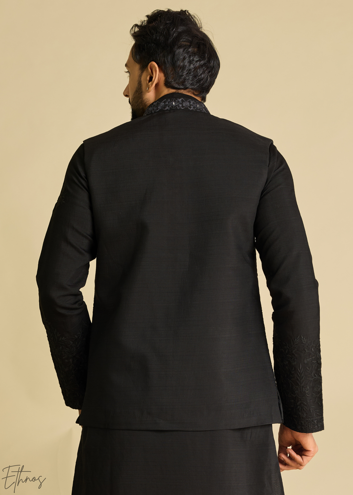 Jet Black Blossom-Vine Silk Tunic Vest Set