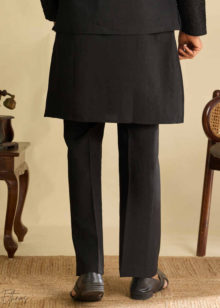 Jet Black Blossom-Vine Silk Tunic Vest Set