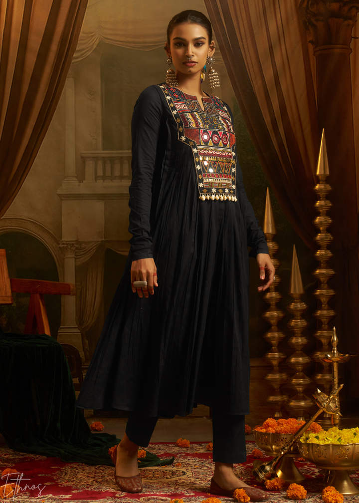 Jet Black Colorful Geometric Embroidered Mul Cotton Anarkali Suit