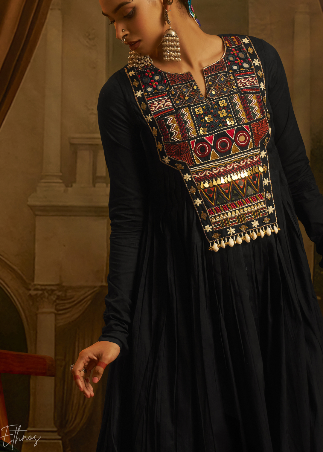 Jet Black Colorful Geometric Embroidered Mul Cotton Anarkali Suit