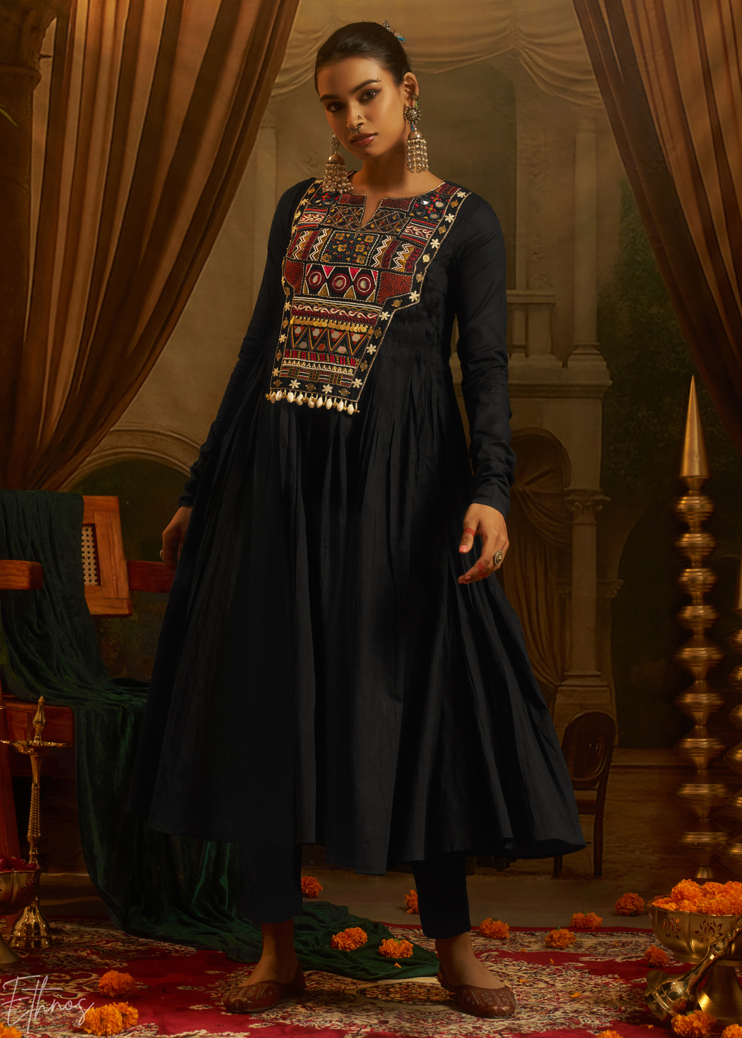 Jet Black Colorful Geometric Embroidered Mul Cotton Anarkali Suit
