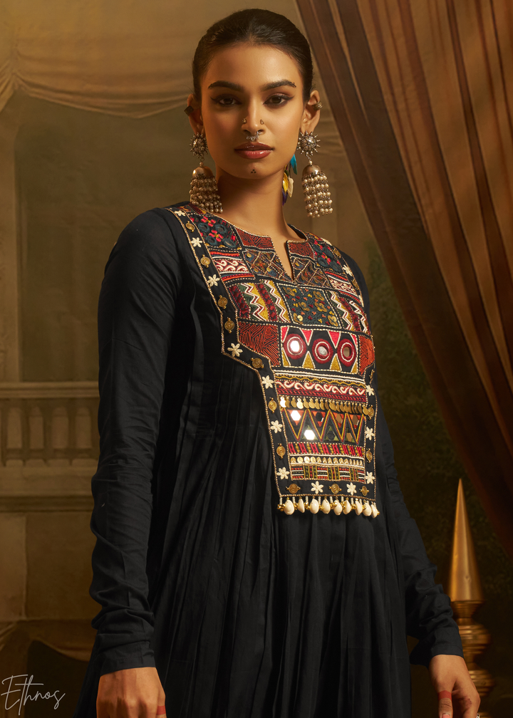 Jet Black Colorful Geometric Embroidered Mul Cotton Anarkali Suit