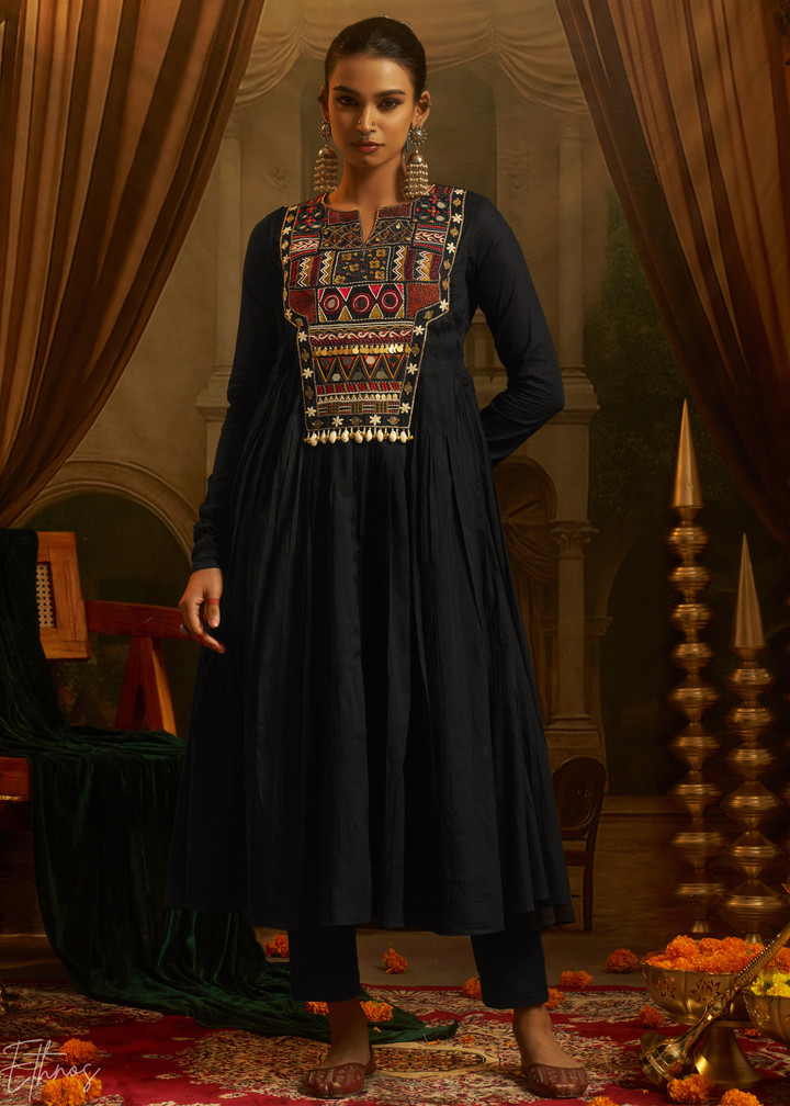 Jet Black Colorful Geometric Embroidered Mul Cotton Anarkali Suit