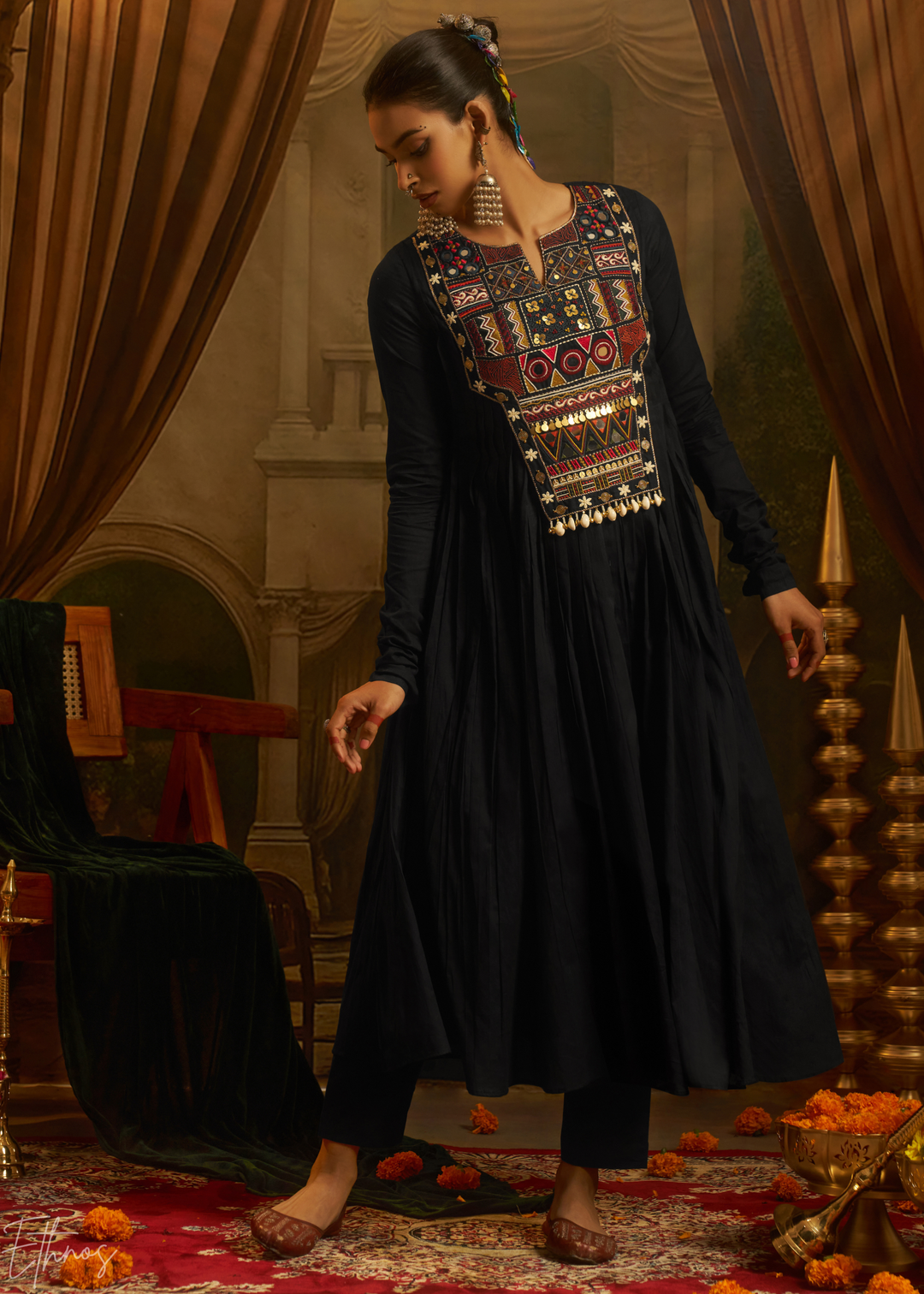 Jet Black Colorful Geometric Embroidered Mul Cotton Anarkali Suit