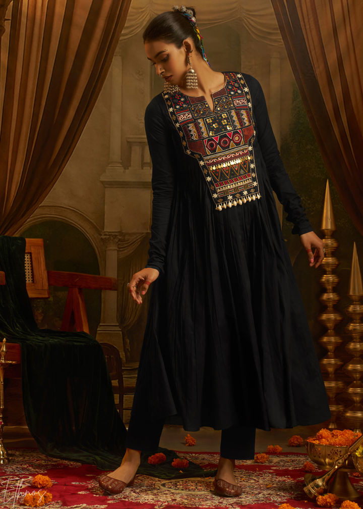 Jet Black Colorful Geometric Embroidered Mul Cotton Anarkali Suit