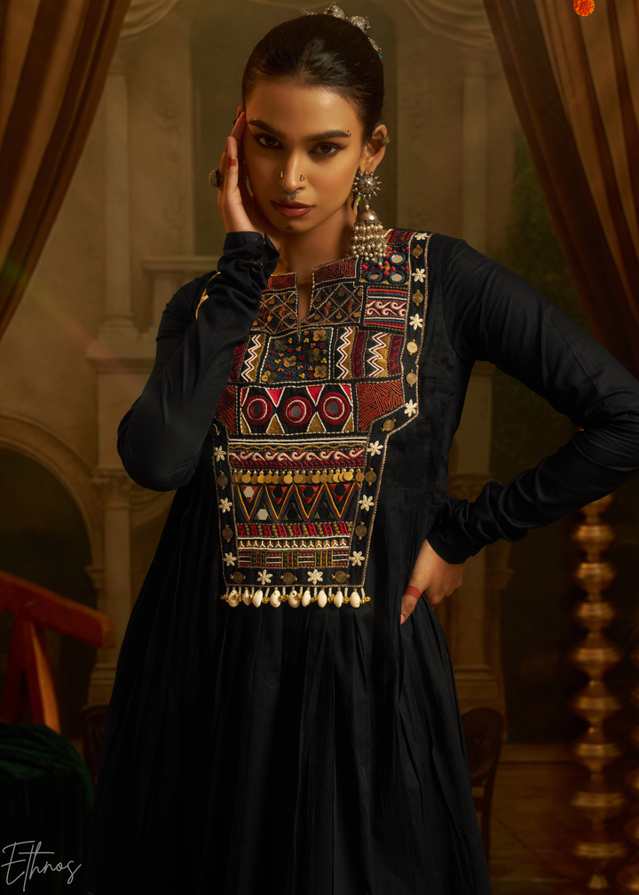 Jet Black Colorful Geometric Embroidered Mul Cotton Anarkali Suit