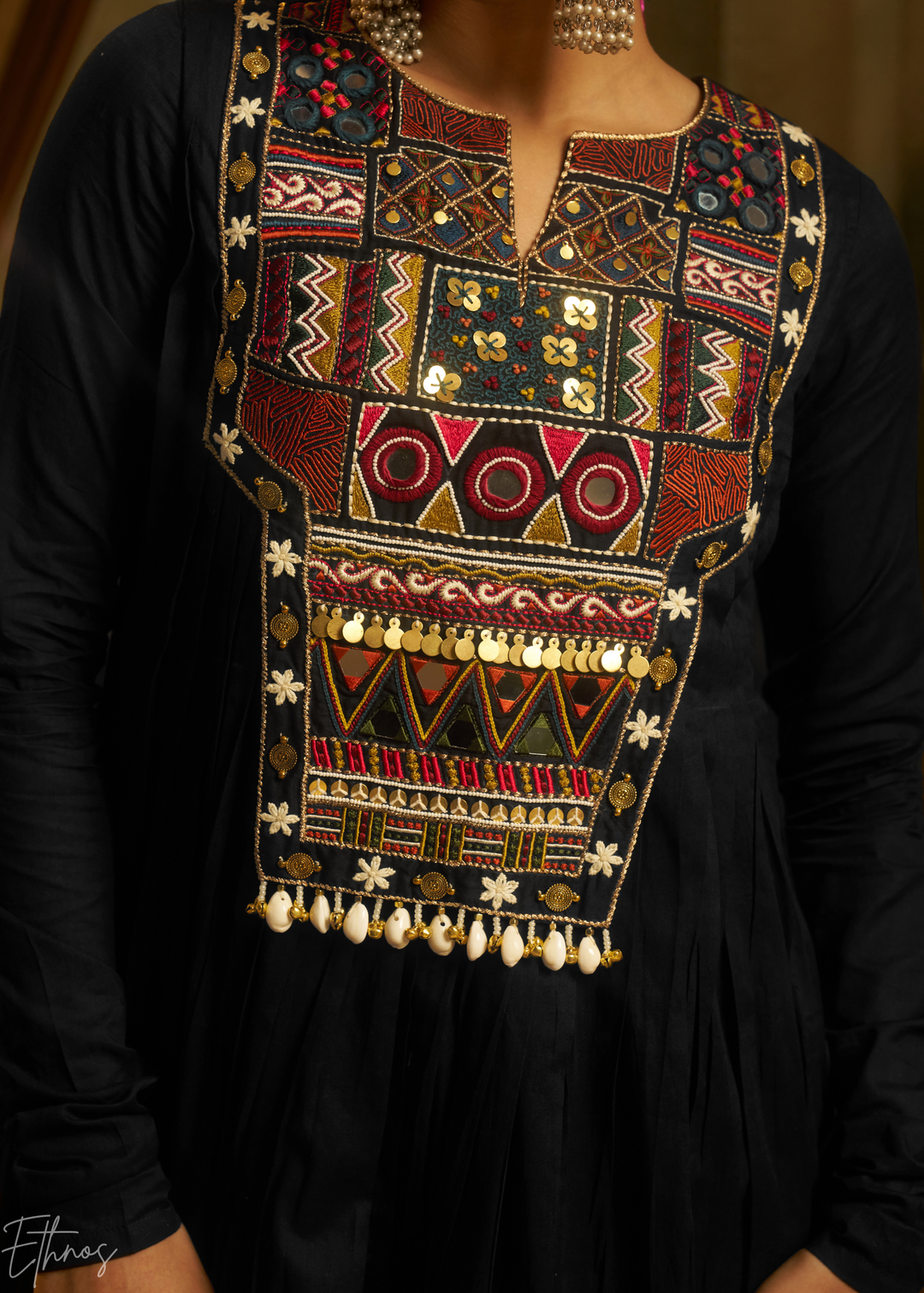 Jet Black Colorful Geometric Embroidered Mul Cotton Anarkali Suit