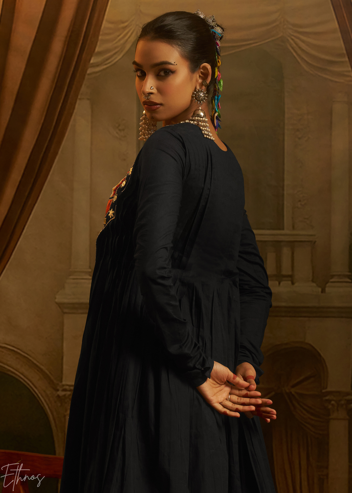 Jet Black Colorful Geometric Embroidered Mul Cotton Anarkali Suit