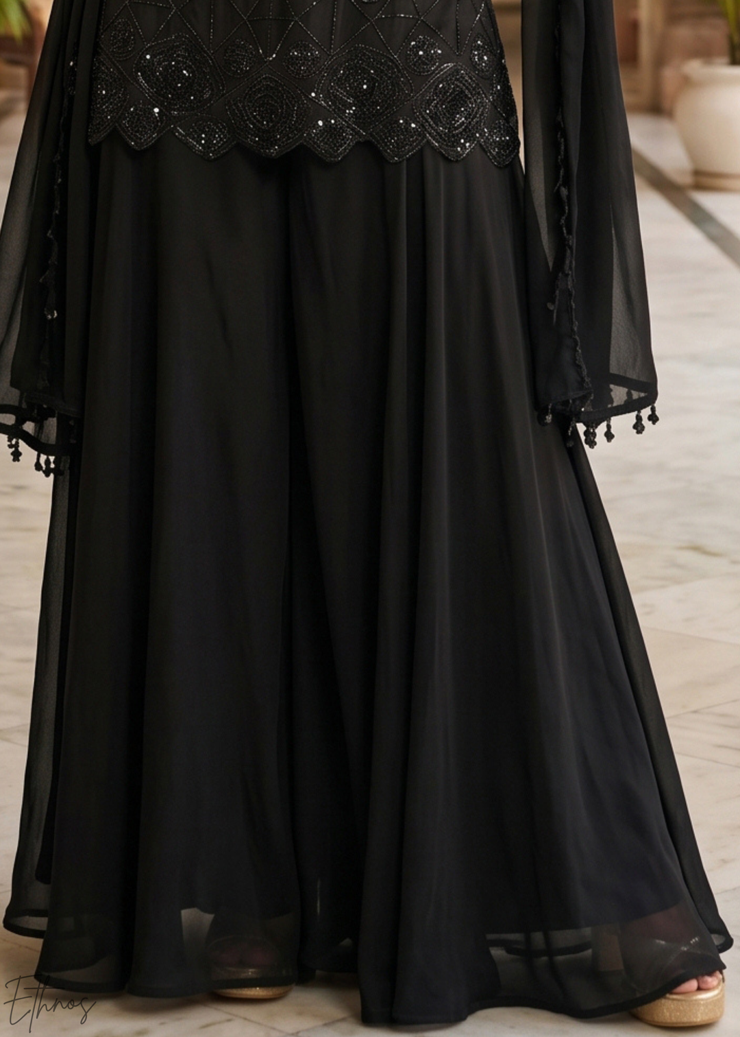 Jet Black Fine-Beaded Chinon Sharara Suit
