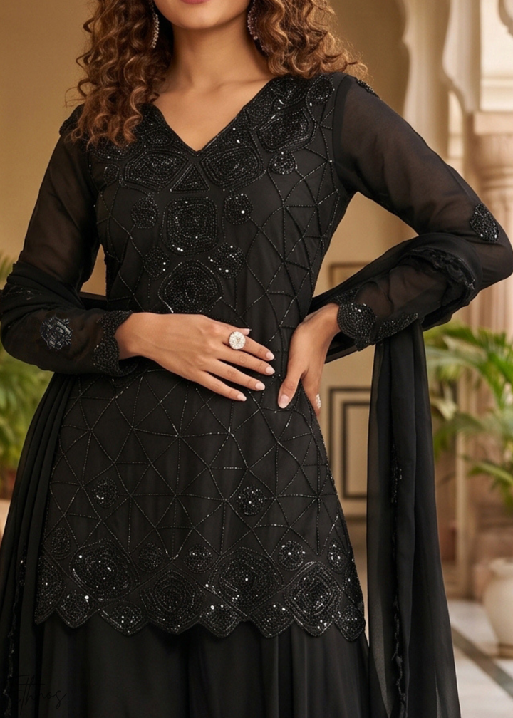 Jet Black Fine-Beaded Chinon Sharara Suit
