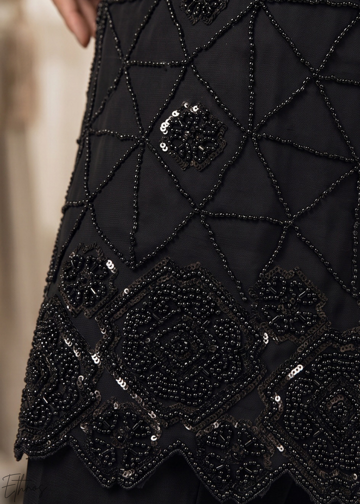 Jet Black Fine-Beaded Chinon Sharara Suit