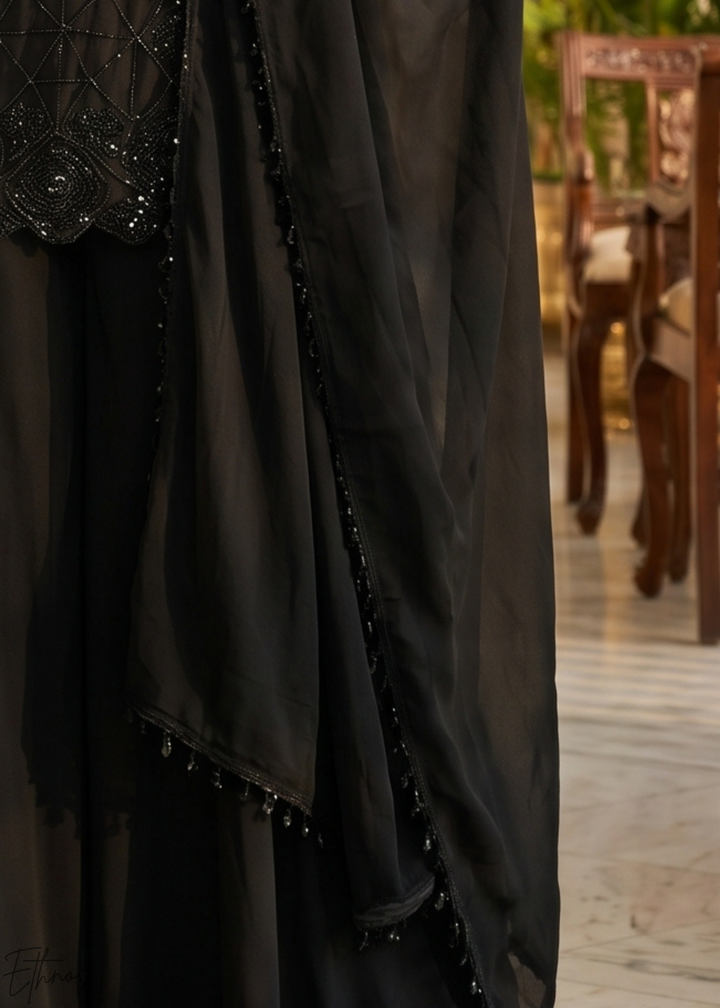Jet Black Fine-Beaded Chinon Sharara Suit