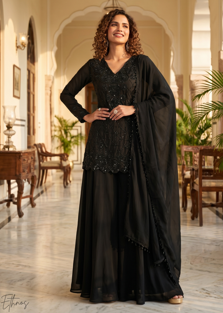 Jet Black Fine-Beaded Chinon Sharara Suit
