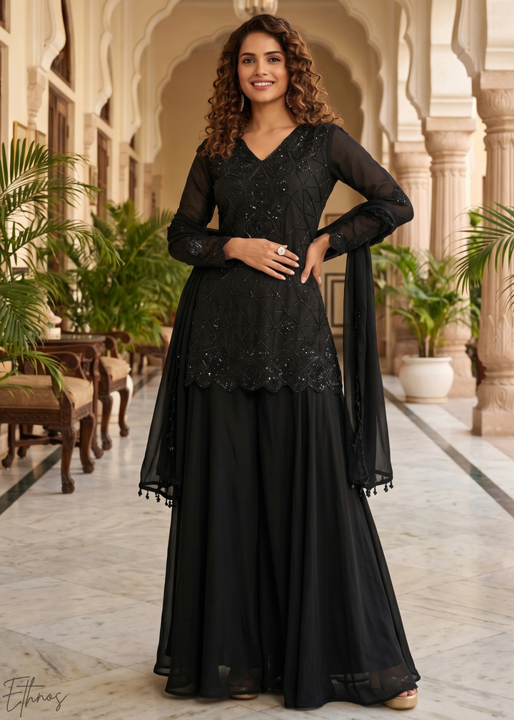 Jet Black Fine-Beaded Chinon Sharara Suit
