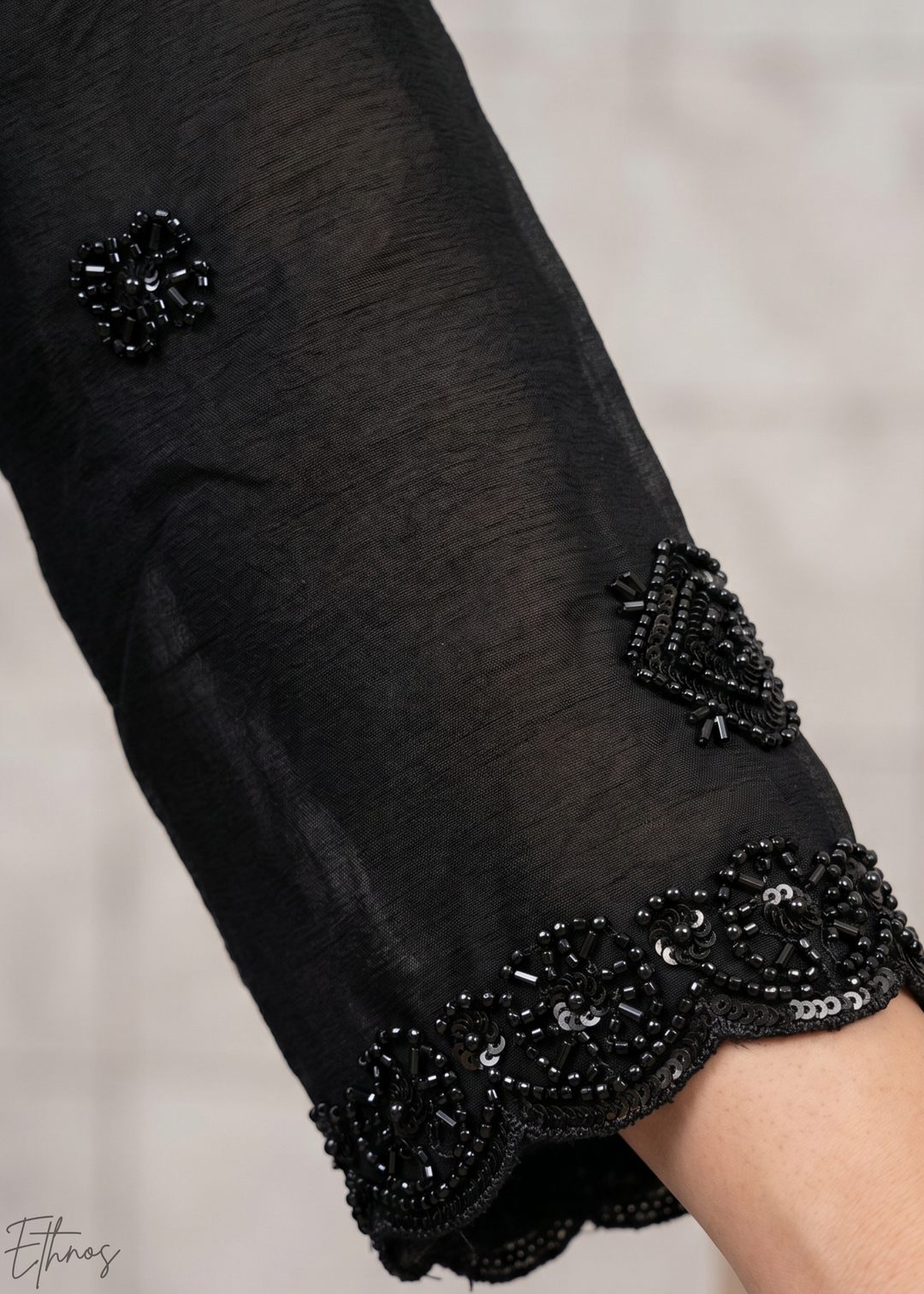 Jet Black Fine-Beaded Chinon Sharara Suit