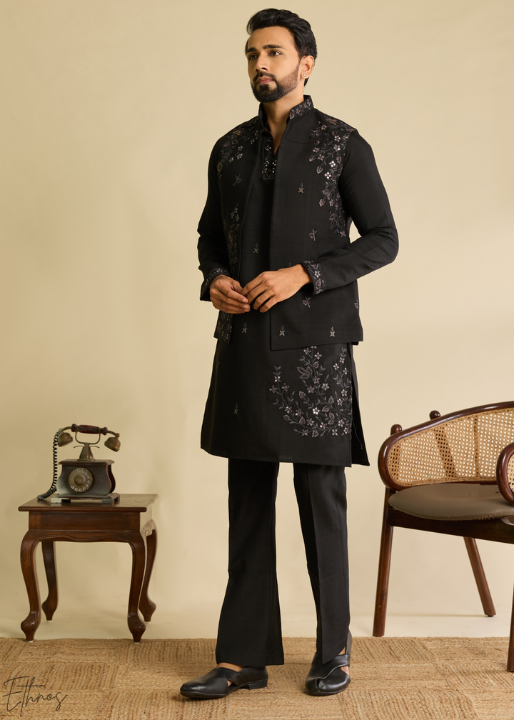 Jet Black Floral-Embroidered Silk Tunic Waistcoat Set