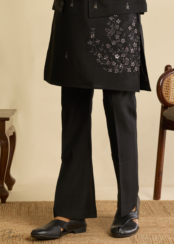 Jet Black Floral-Embroidered Silk Tunic Waistcoat Set