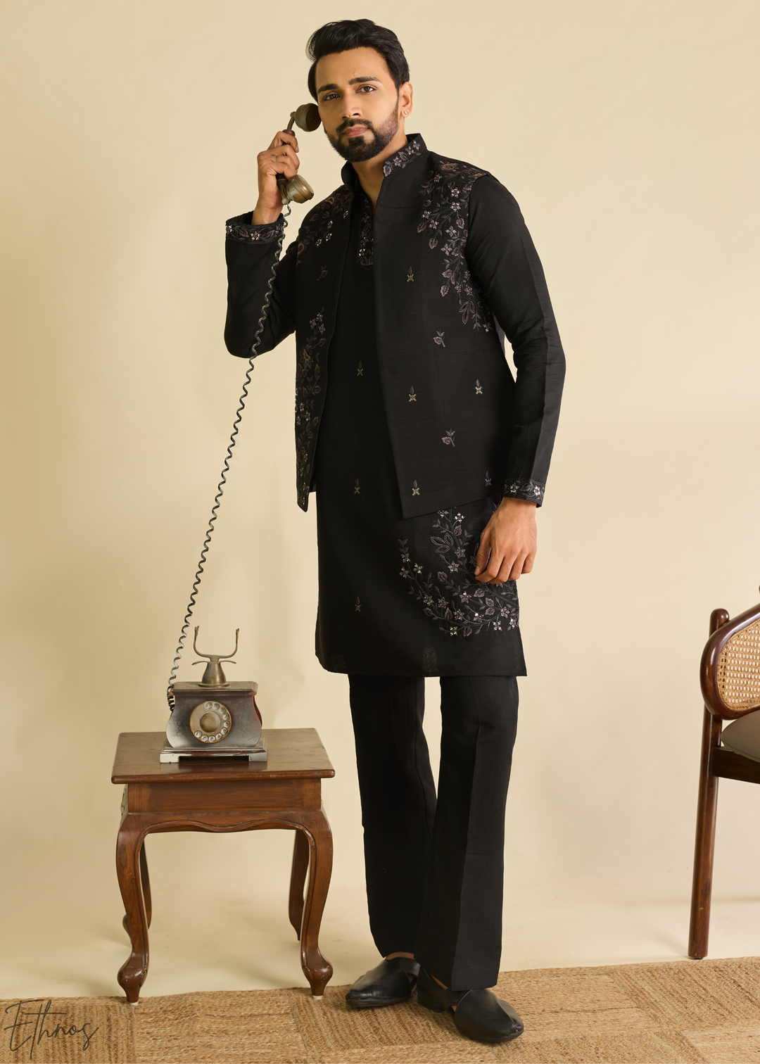 Jet Black Floral-Embroidered Silk Tunic Waistcoat Set