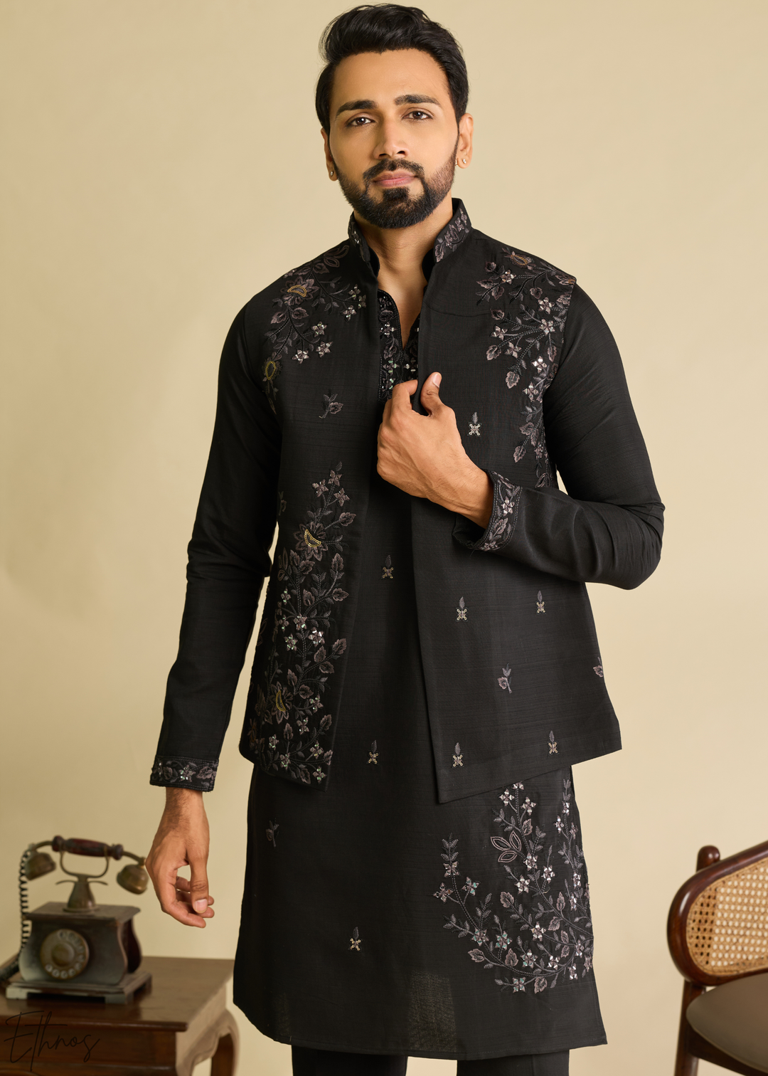 Jet Black Floral-Embroidered Silk Tunic Waistcoat Set