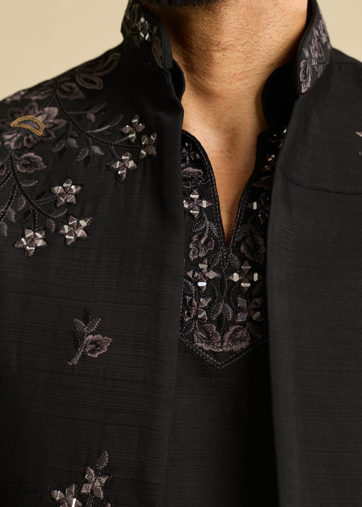 Jet Black Floral-Embroidered Silk Tunic Waistcoat Set