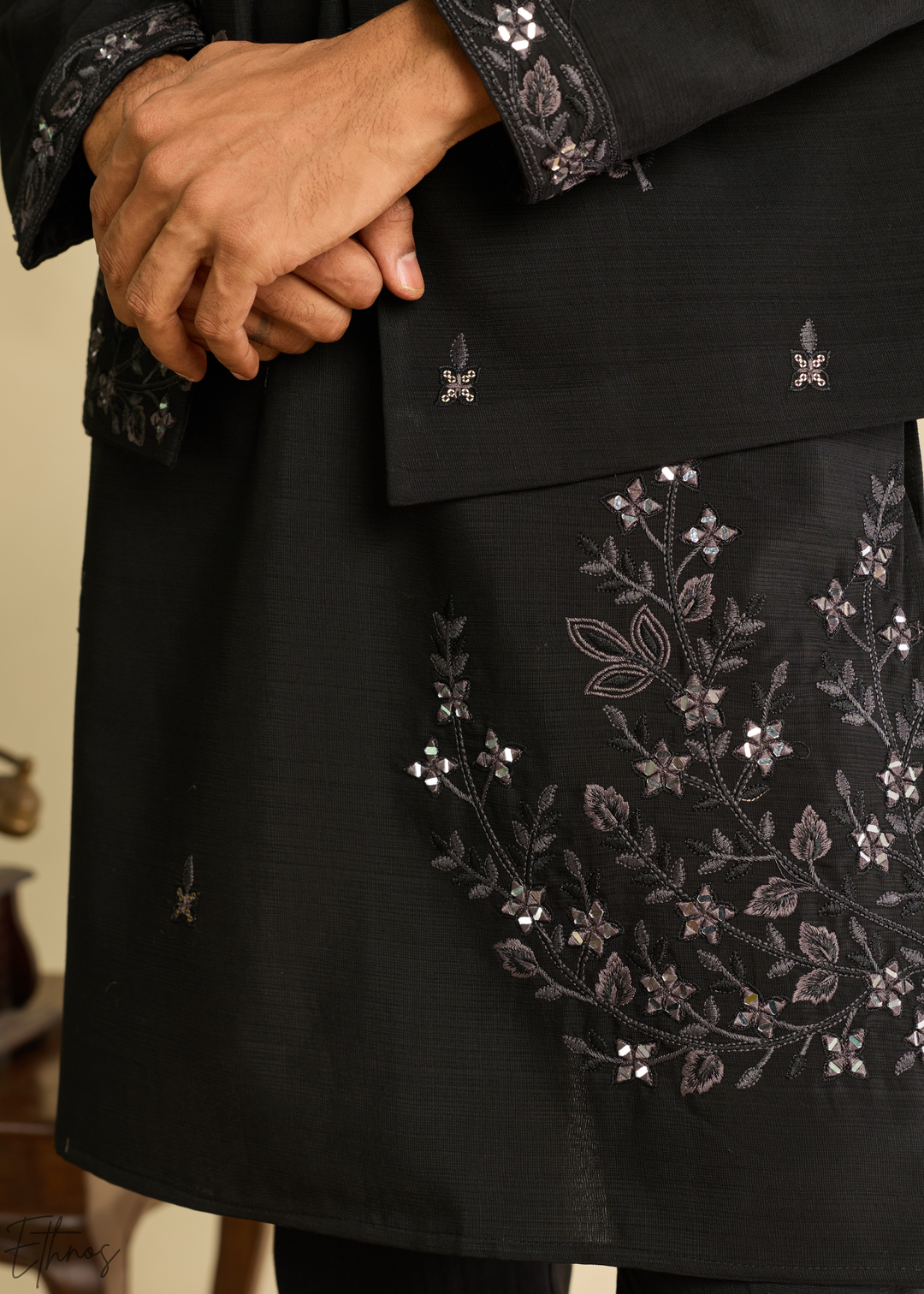 Jet Black Floral-Embroidered Silk Tunic Waistcoat Set