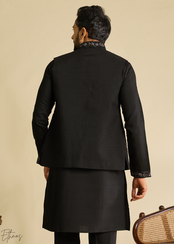 Jet Black Floral-Embroidered Silk Tunic Waistcoat Set
