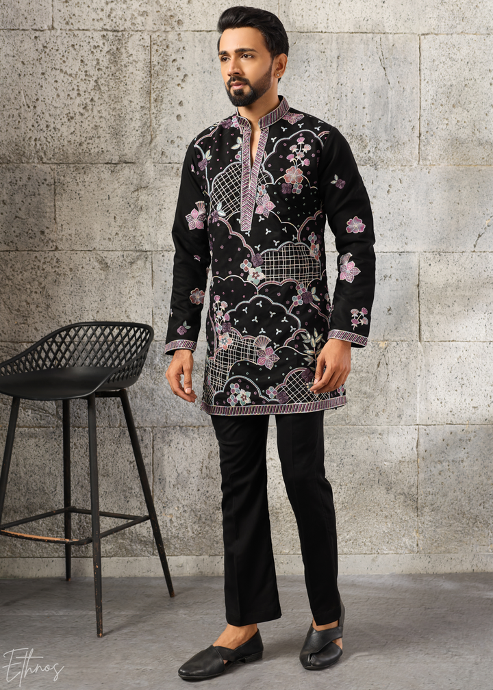 Jet Black Floral-Grid Silk Kurta Pant Set