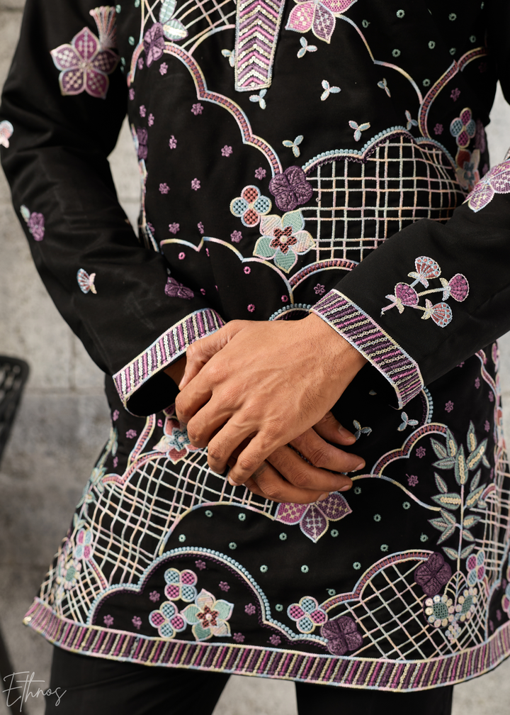 Jet Black Floral-Grid Silk Kurta Pant Set
