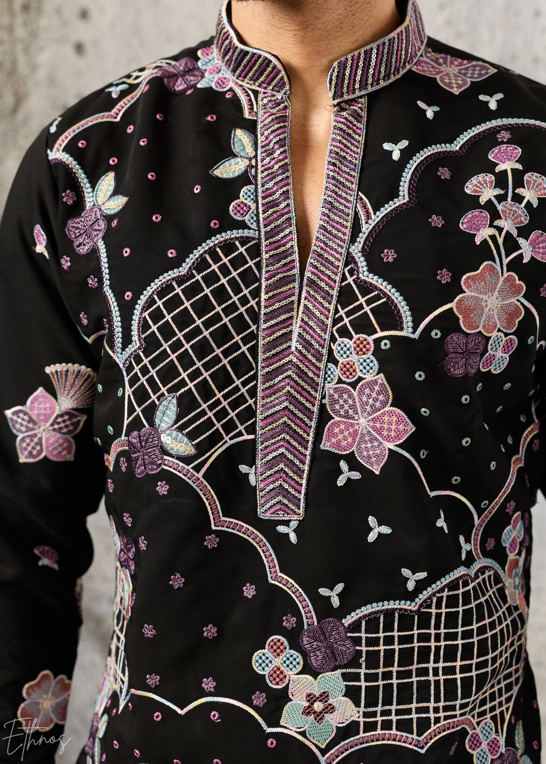 Jet Black Floral-Grid Silk Kurta Pant Set