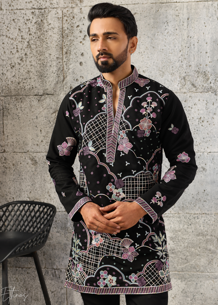 Jet Black Floral-Grid Silk Kurta Pant Set