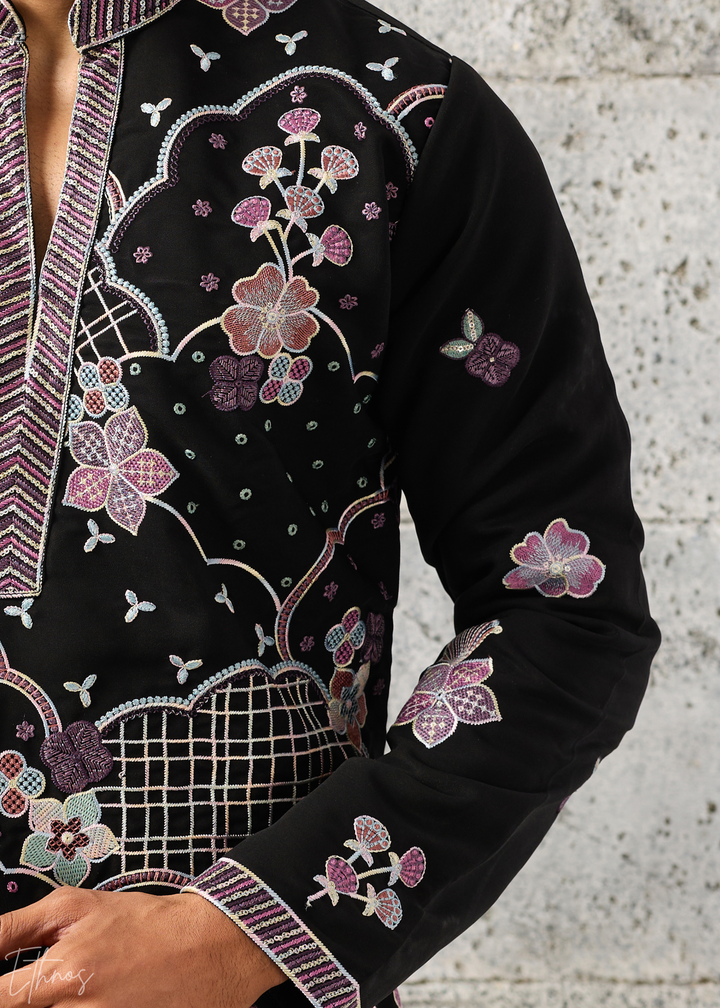 Jet Black Floral-Grid Silk Kurta Pant Set