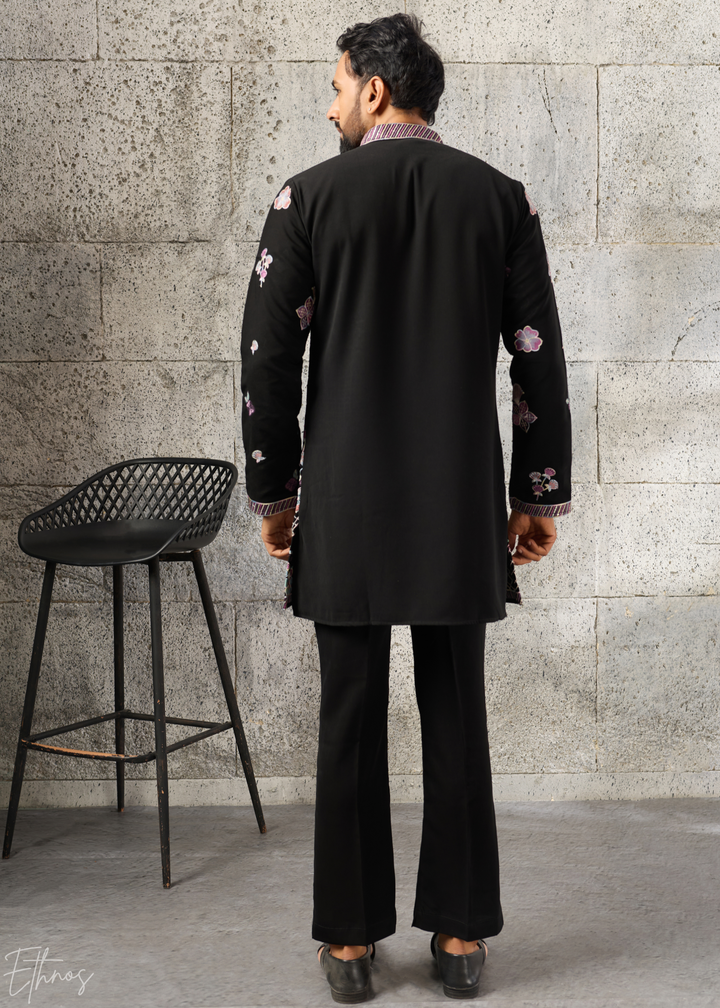 Jet Black Floral-Grid Silk Kurta Pant Set