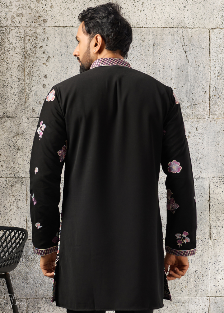 Jet Black Floral-Grid Silk Kurta Pant Set