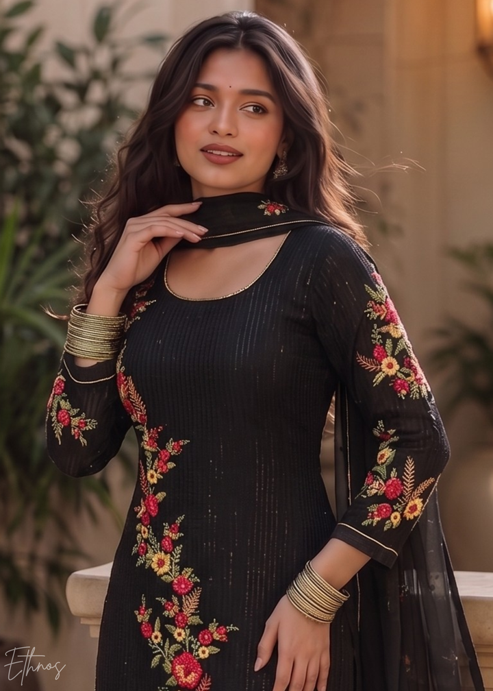 Jet Black Floral Embroidered Georgette Suit