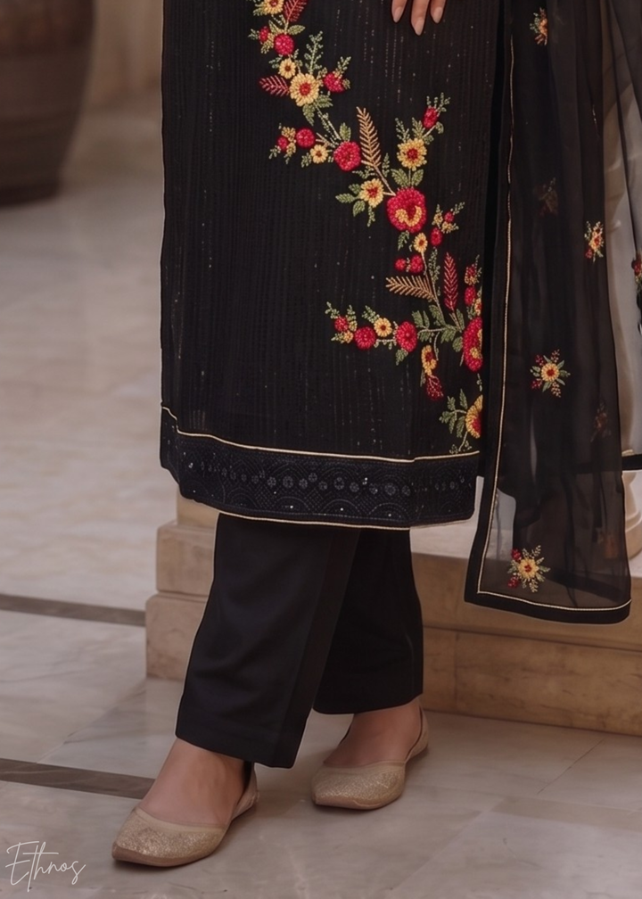 Jet Black Floral Embroidered Georgette Suit
