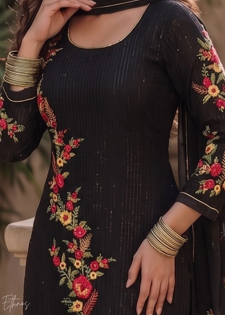 Jet Black Floral Embroidered Georgette Suit