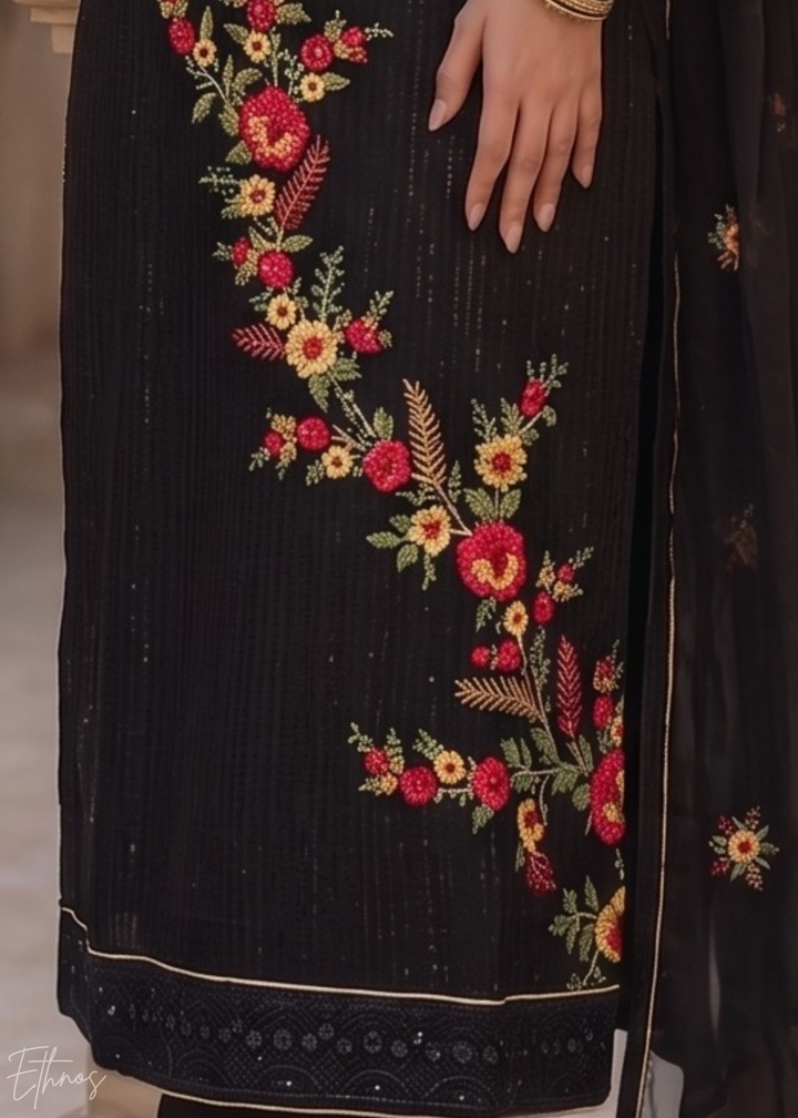 Jet Black Floral Embroidered Georgette Suit