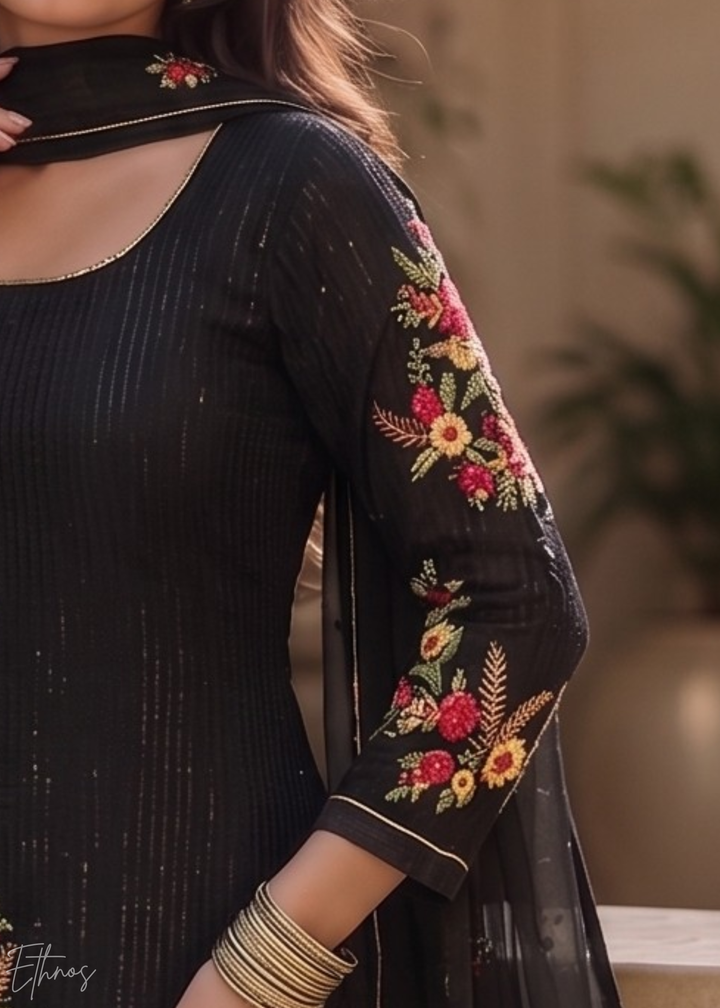 Jet Black Floral Embroidered Georgette Suit