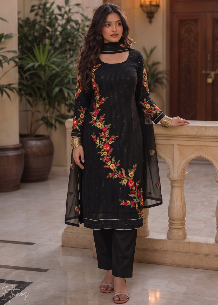 Jet Black Floral Embroidered Georgette Suit