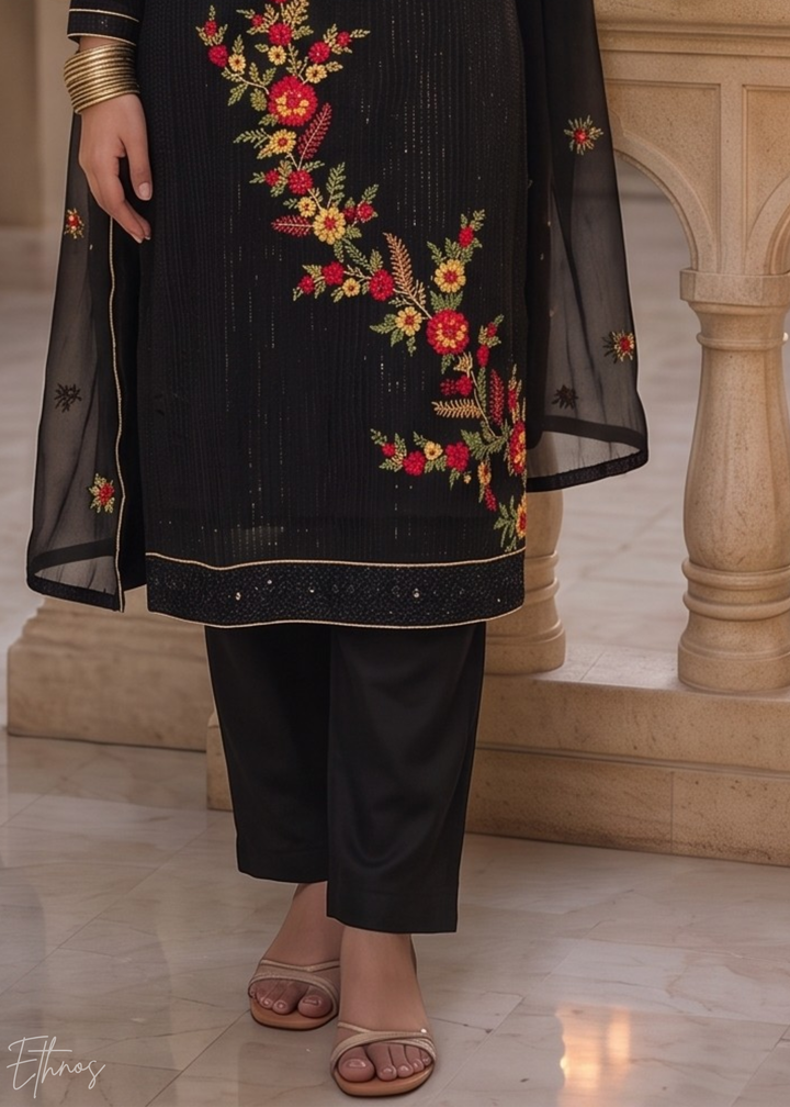 Jet Black Floral Embroidered Georgette Suit