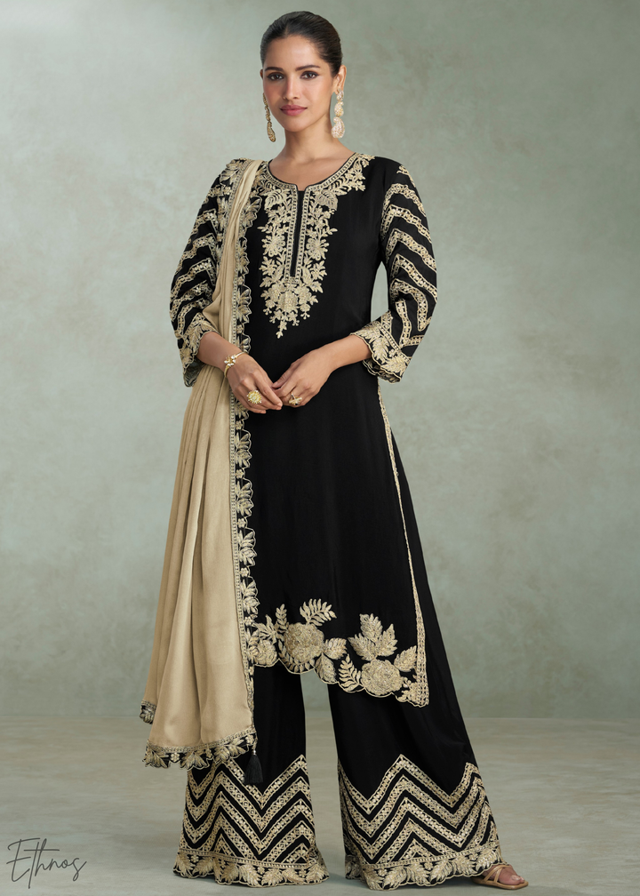 Jet Black Floral Embroidered Chinon Silk Palazzo Suit Set
